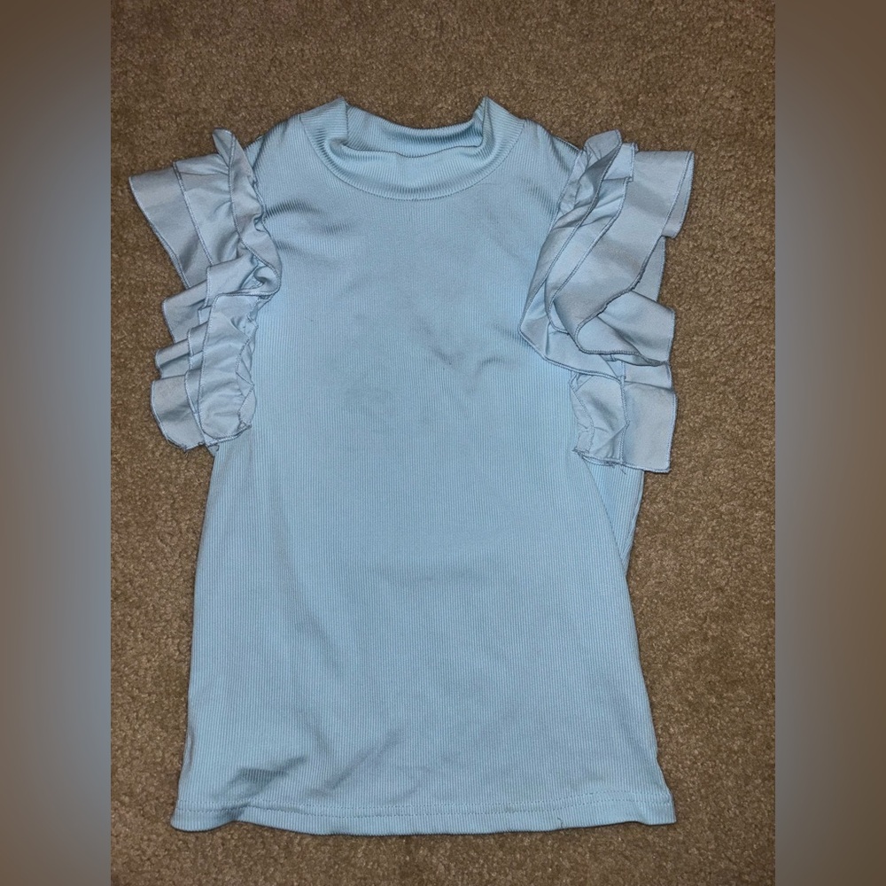 Light blue work shirt with ruffle sleeves size medium